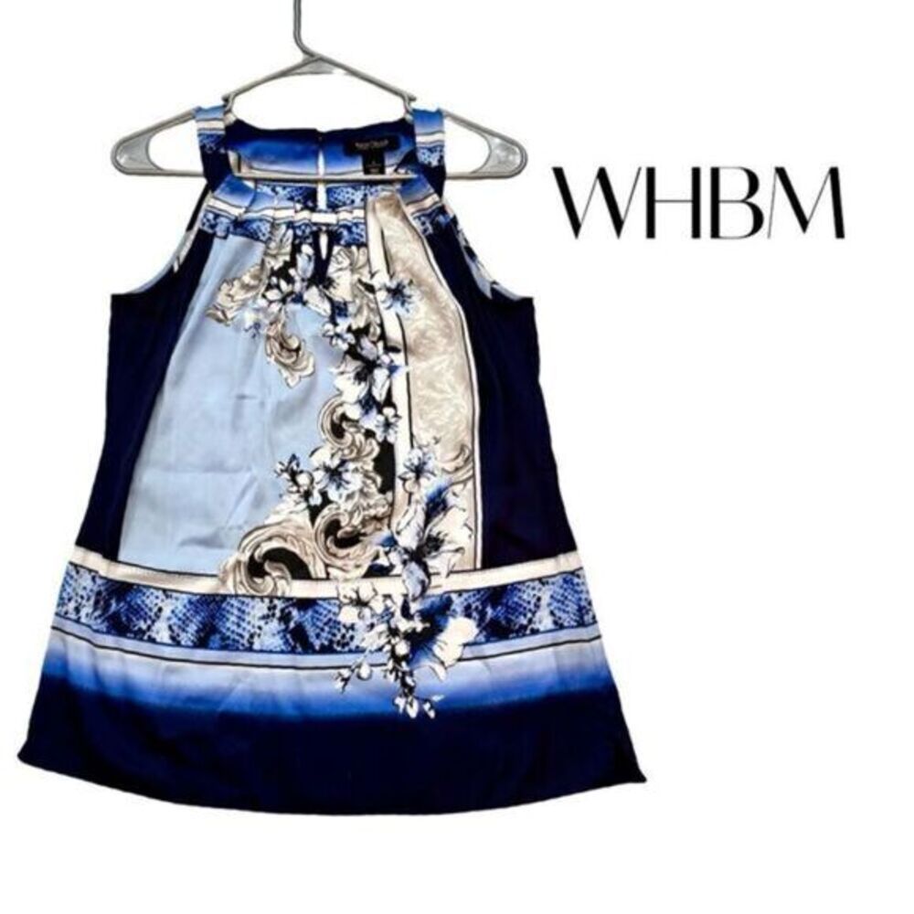 WHBM Blue/Black/Cream Floral Colorblock Sleeveless Top Sz 4 EUC
